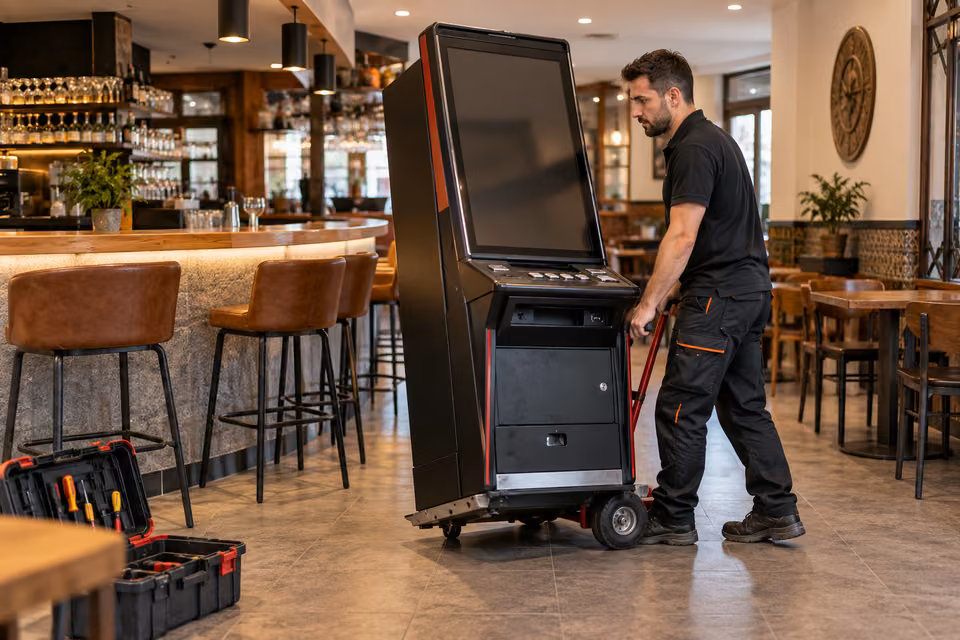 Técnico colocando una máquina en un bar para la instalación y la puesta en marcha del servicio
