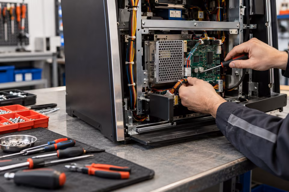 Técnico revisando componentes de una máquina para su mantenimiento y servicio posterior